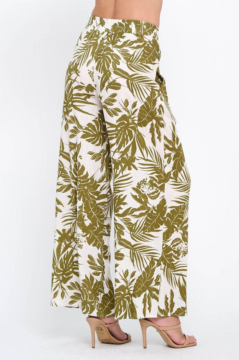 Linen Tropical Print Pants with Pockets and Elastic Waistband