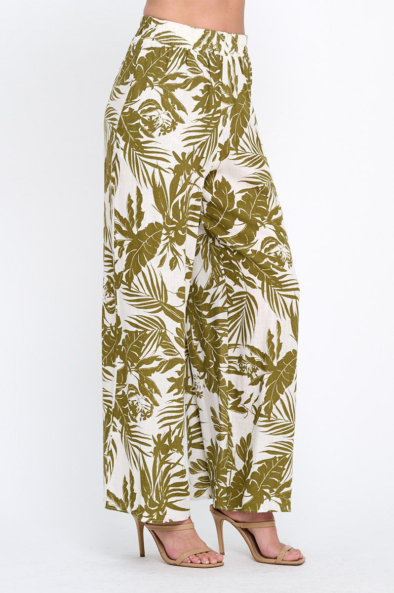 Linen Tropical Print Pants with Pockets and Elastic Waistband