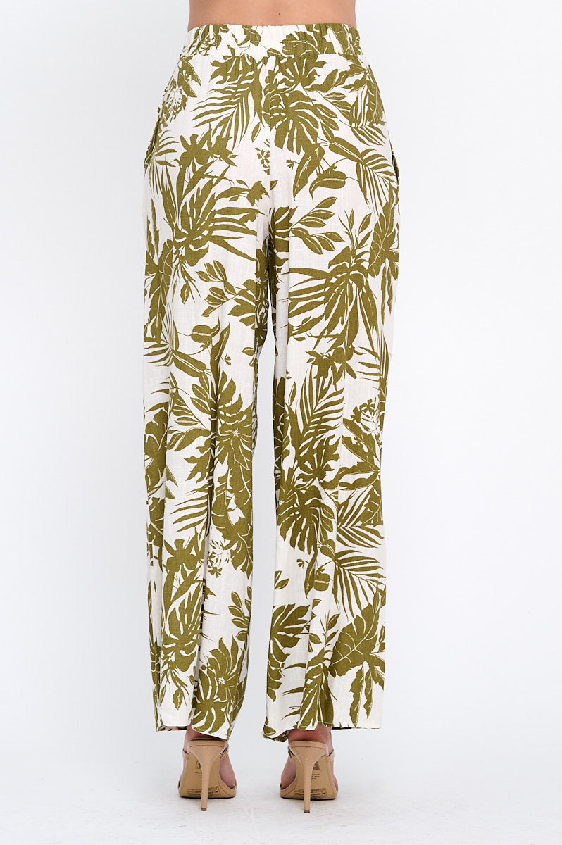 Linen Tropical Print Pants with Pockets and Elastic Waistband